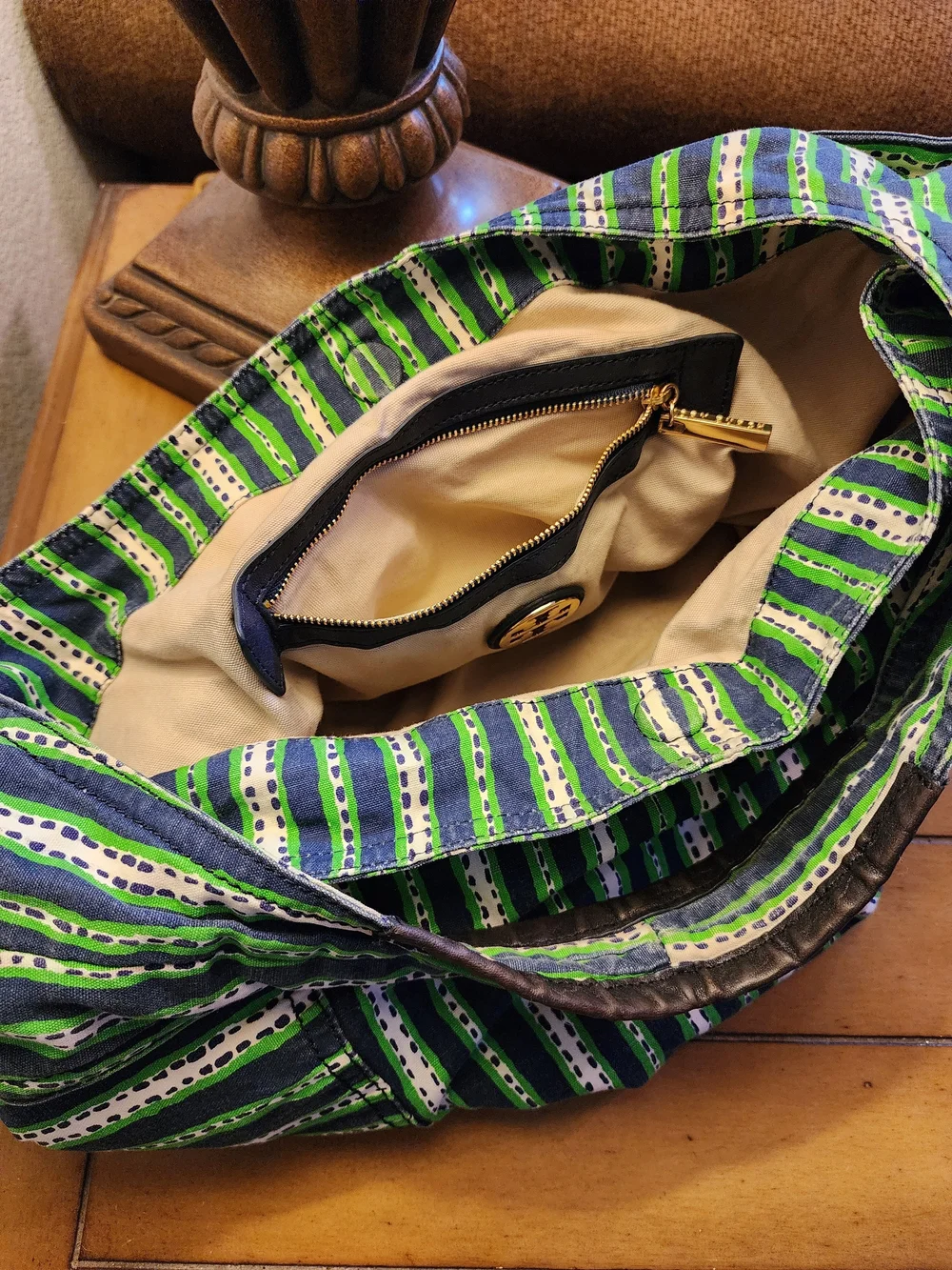 Tory Burch Braeden Hobo Shoulder Bag In Navy, Green & White Stripe